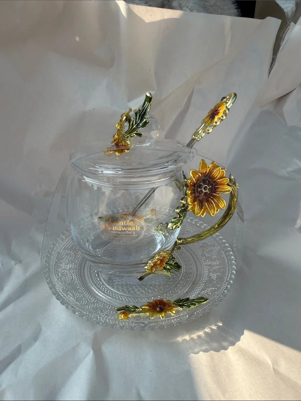 Sunflower Glass Teapot with Spoon and Saucer - Yellow Floral Accent